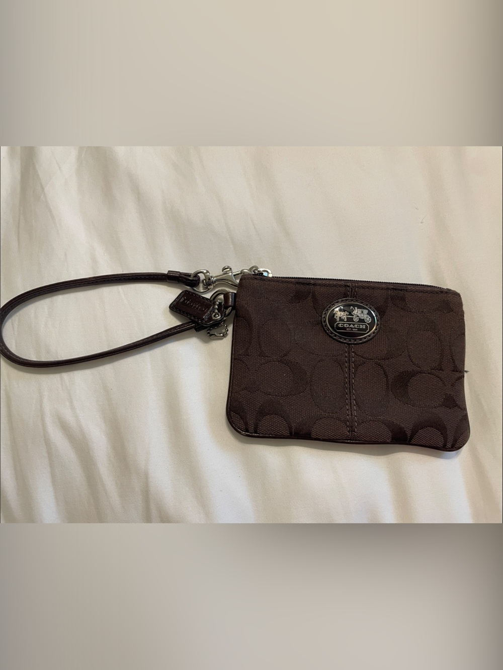 Coach Dark Brown Signature Canvas Wristlet with Silver Hardware